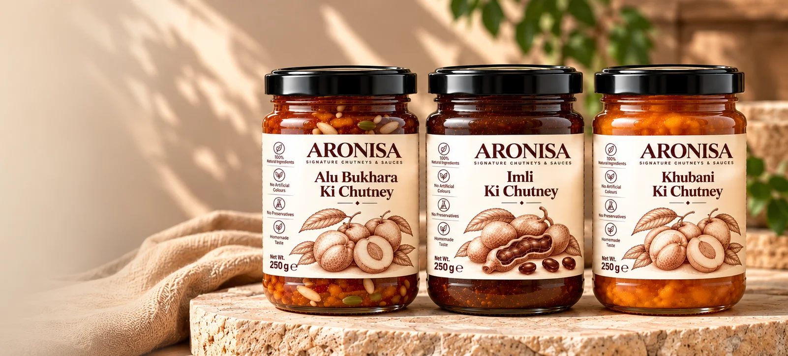 The ARONISA Trio — Alu Bukhara, Imli and Khubani Ki Chutney jars