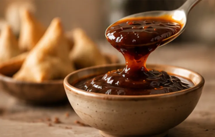 ARONISA chutney in a bowl with samosas