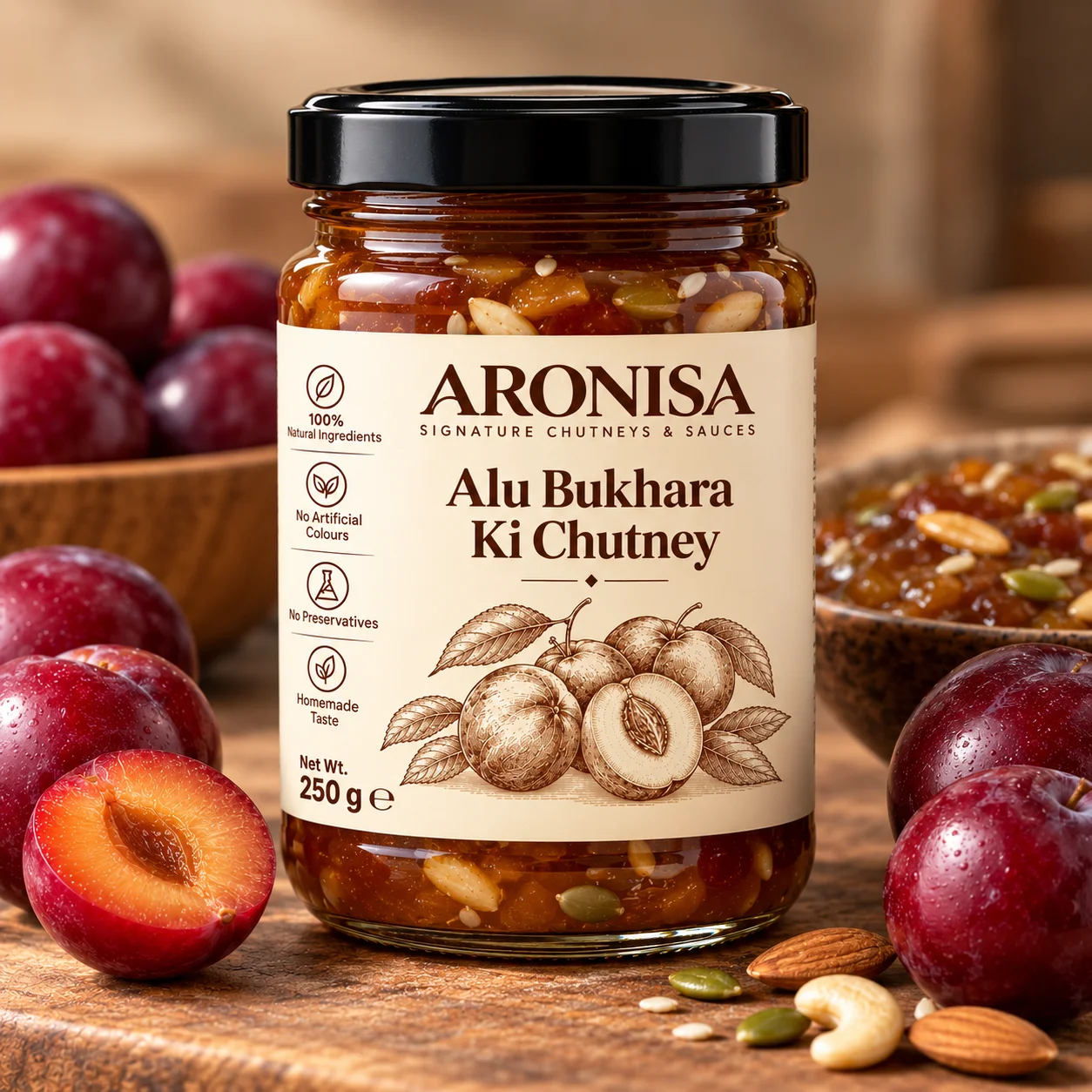 Jar of ARONISA Alu Bukhara Ki Chutney (plum chutney) with fresh plums and nuts