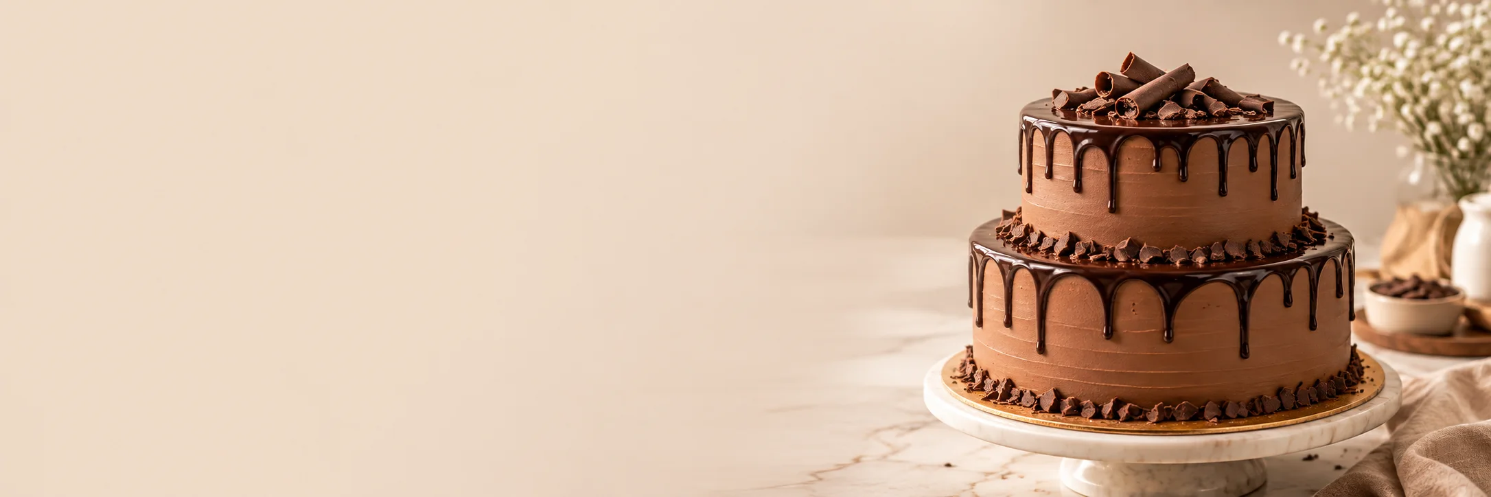 ARONISA two-tier chocolate drip cake on a marble cake stand