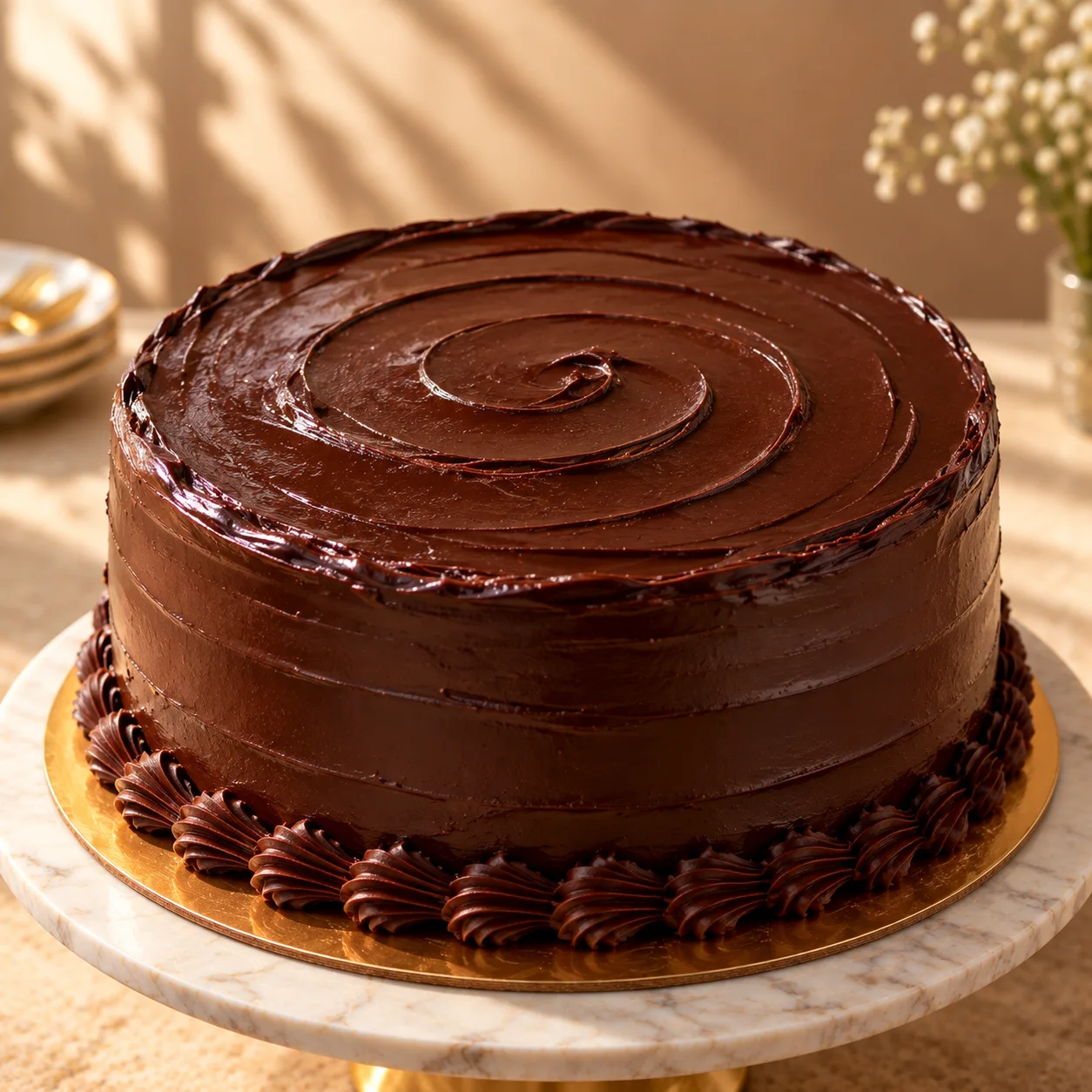 ARONISA Chocolate Fudge Cake with glossy chocolate frosting on a marble cake stand