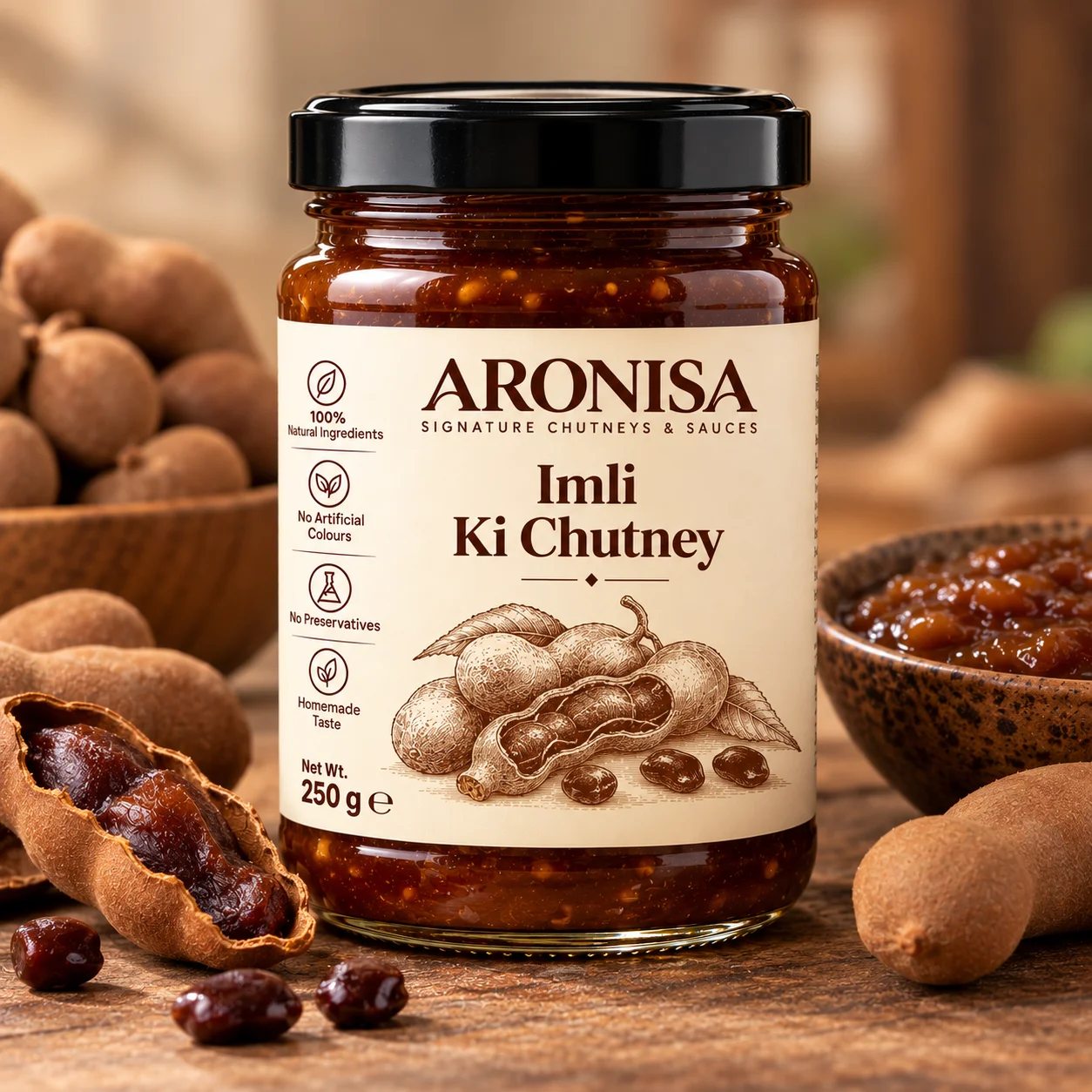 Jar of ARONISA Imli Ki Chutney (tamarind chutney) with tamarind pods