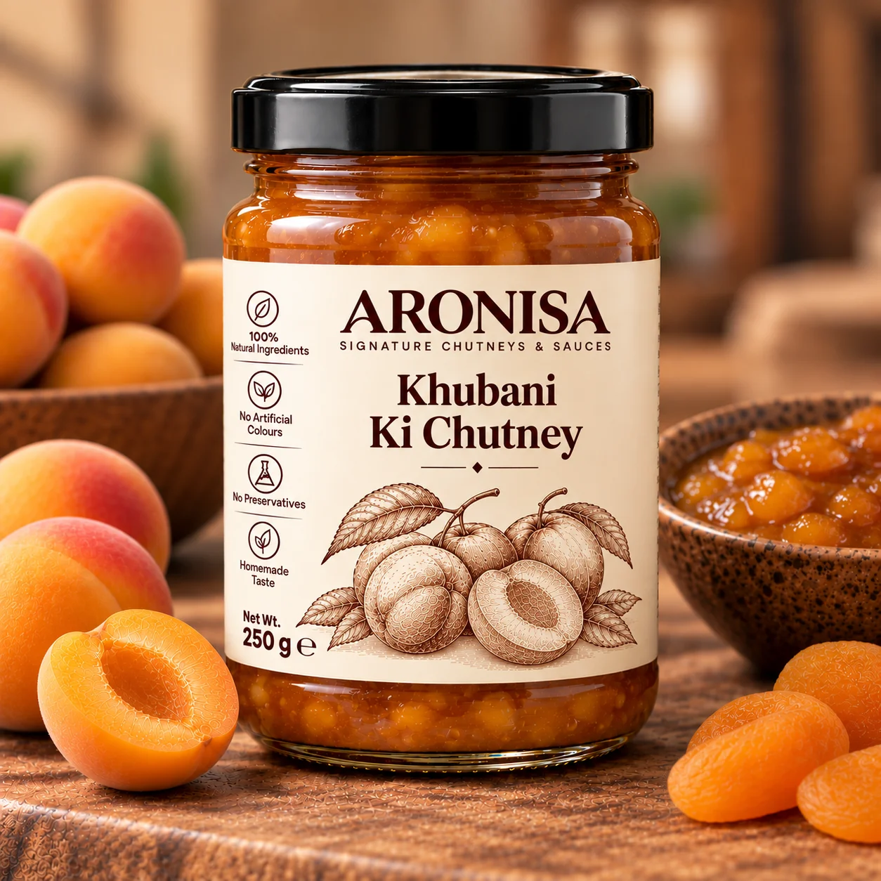Jar of ARONISA Khubani Ki Chutney (apricot chutney) with fresh and dried apricots