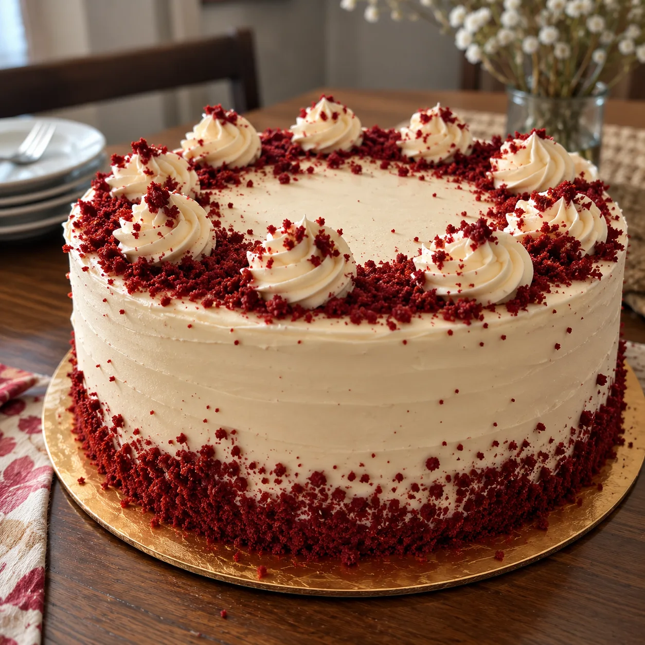ARONISA Red Velvet Cake with cream-cheese frosting, cream swirls and red velvet crumbs
