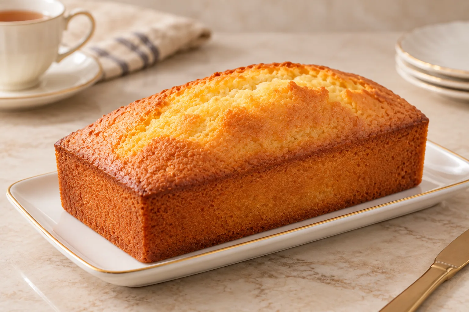 ARONISA Rich Fruit Cake — a golden loaf on a serving plate, served with tea