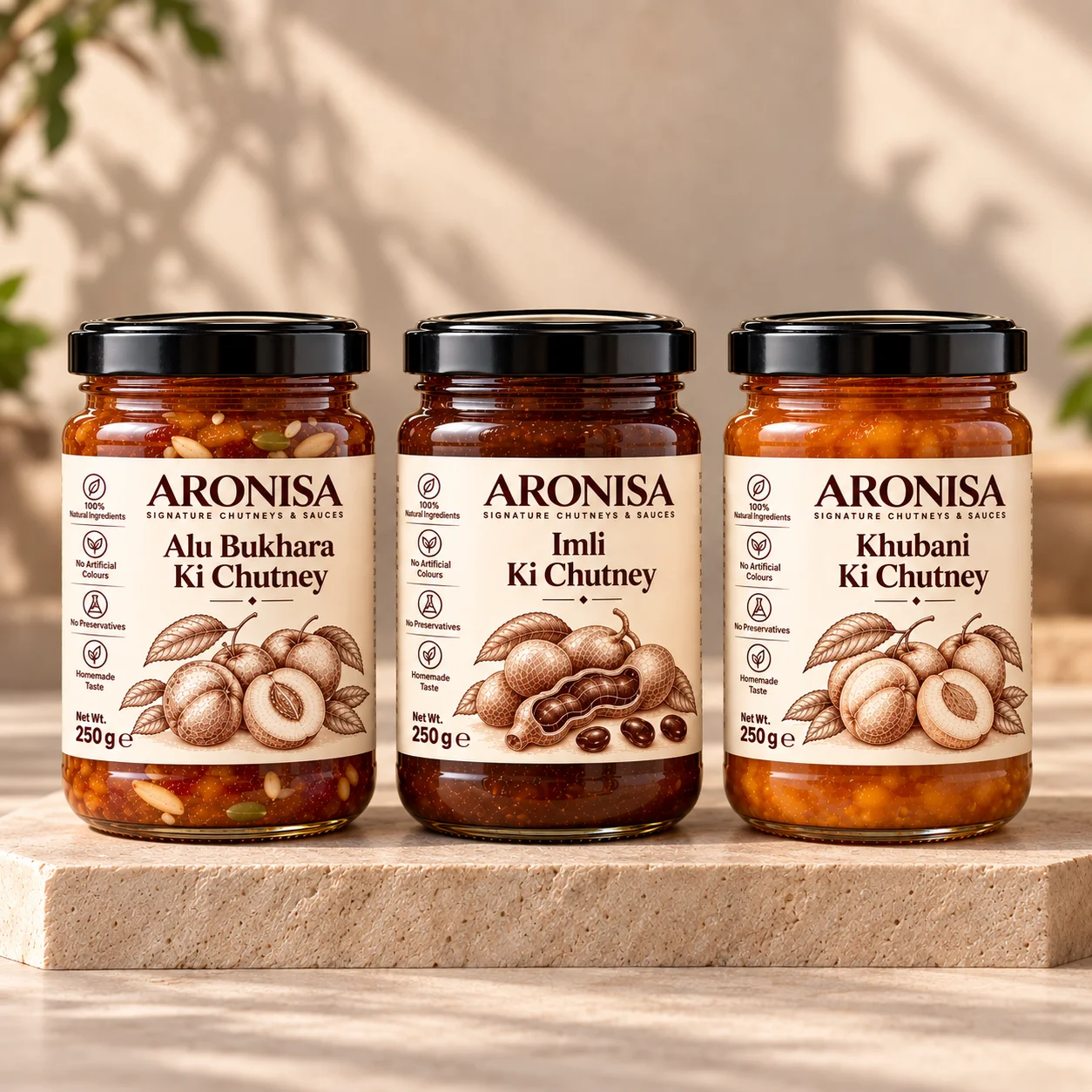 The ARONISA Trio – jars of Alu Bukhara (plum), Imli (tamarind) and Khubani (apricot) Ki Chutney