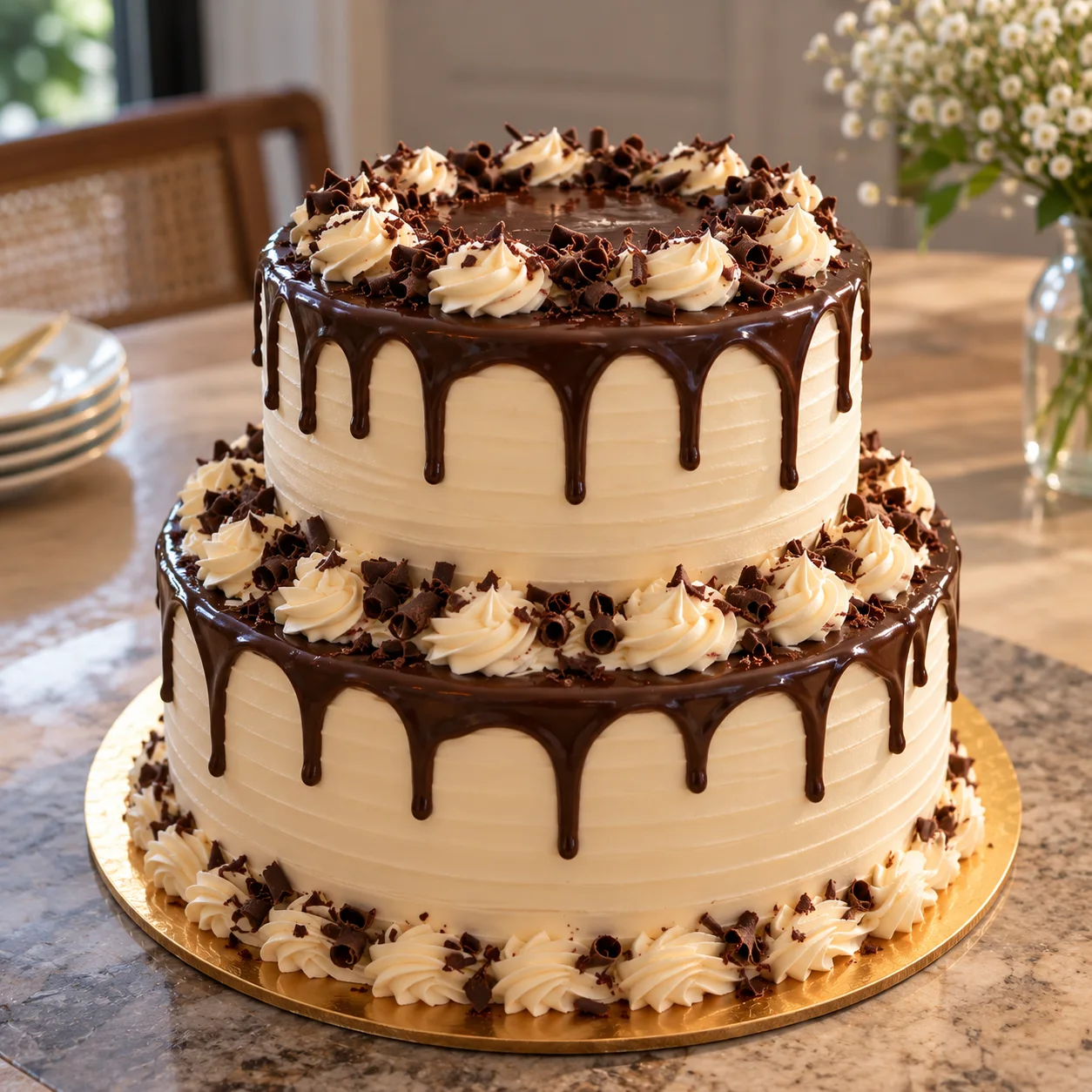 ARONISA Two-Tier Celebration Cake with chocolate drip, cream rosettes and chocolate curls